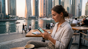 Tourist using mobile internet in Dubai with a Dubai eSIM near Burj Khalifa and Dubai Marina.