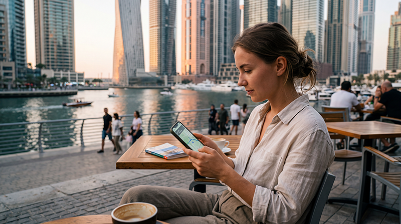 Tourist using mobile internet in Dubai with a Dubai eSIM near Burj Khalifa and Dubai Marina.