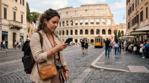 Traveler using mobile internet in Italy with eSIM while exploring city streets