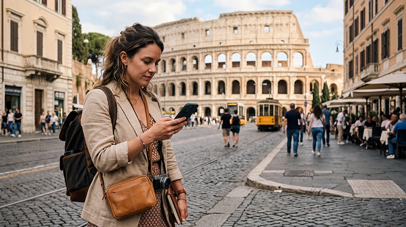 Traveler using mobile internet in Italy with eSIM while exploring city streets