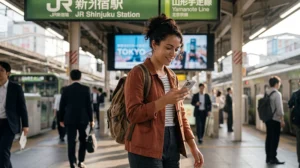 Traveler using mobile internet and navigation apps while traveling in Japan.