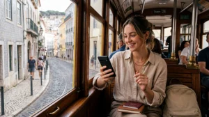 Traveler using eSIM and mobile internet while traveling in Portugal