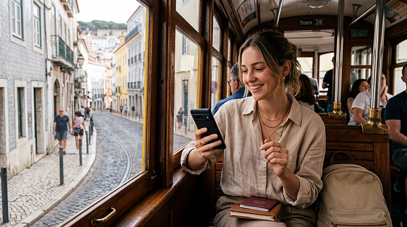Traveler using eSIM and mobile internet while traveling in Portugal