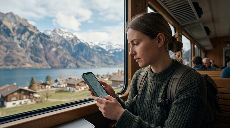 Traveler using mobile internet and eSIM connectivity while traveling through Switzerland.