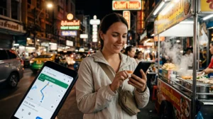 Traveler using a Thailand eSIM for mobile internet, maps, ride-hailing apps, messaging, and travel planning in Thailand.