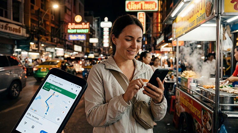 Traveler using a Thailand eSIM for mobile internet, maps, ride-hailing apps, messaging, and travel planning in Thailand.