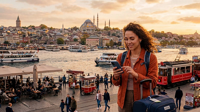 Traveler using mobile internet and navigation while exploring Istanbul in Turkey.