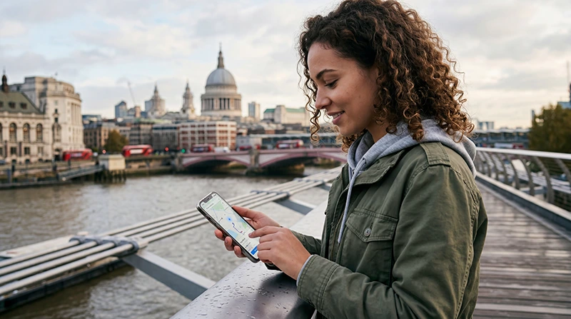 Traveler using mobile internet in the United Kingdom on a smartphone while exploring London.