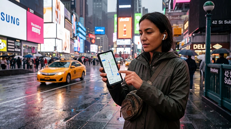 Traveler using mobile internet and a USA eSIM while traveling across the United States.