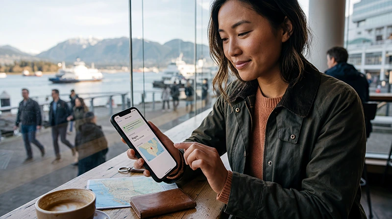 Traveler buying Canada eSIM mobile internet before traveling.