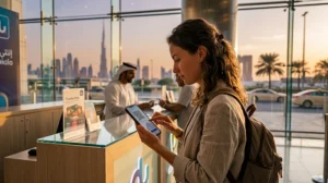 Traveler buying and activating a Dubai eSIM with mobile internet at Dubai Airport near Burj Khalifa.
