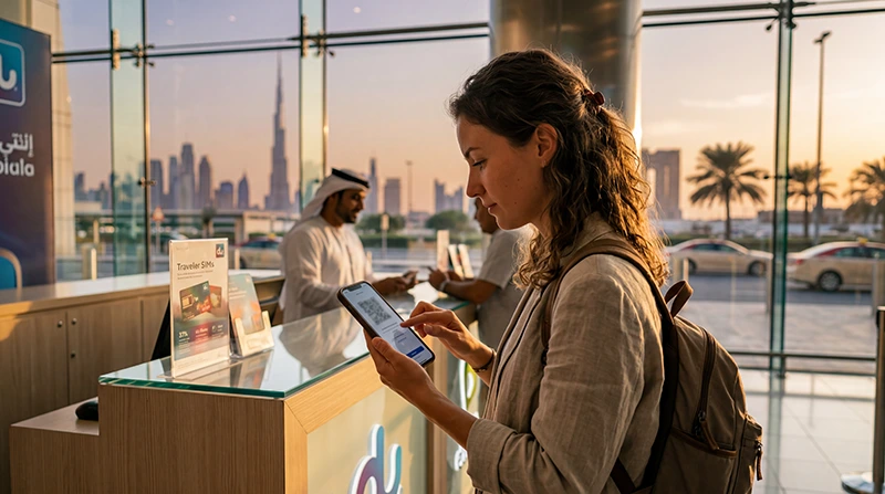 Traveler buying and activating a Dubai eSIM with mobile internet at Dubai Airport near Burj Khalifa.
