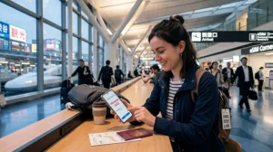 Traveler activating a Japan eSIM after arriving in Japan.