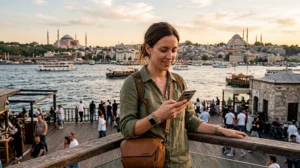 Traveler buying and activating an eSIM for Turkey while visiting Istanbul.