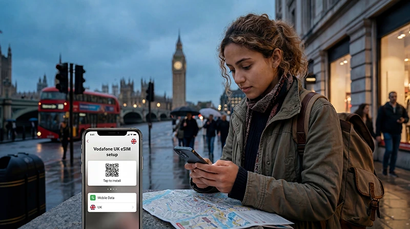 Traveler buying and activating a UK eSIM on a smartphone while visiting London.