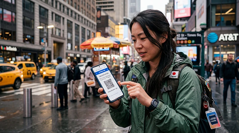 Traveler buying and activating a USA eSIM on a smartphone while traveling in the United States.