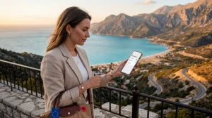 Traveler checking EU roaming and eSIM mobile internet options while traveling in Albania.