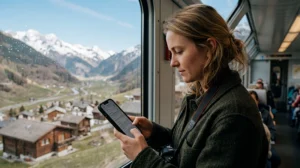Traveler checking EU roaming and mobile internet settings while traveling in Switzerland.