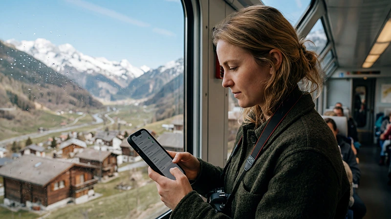Traveler checking EU roaming and mobile internet settings while traveling in Switzerland.