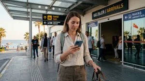 Traveler checking EU roaming and mobile internet settings in Turkey.