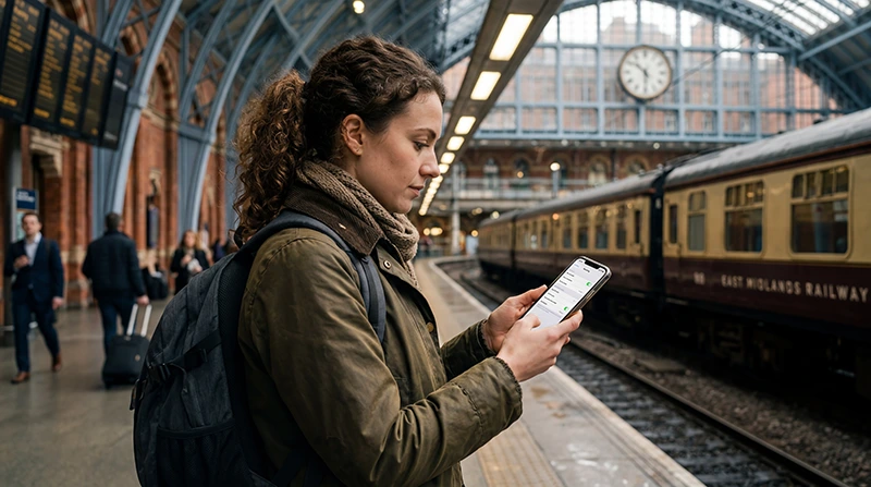 Traveler checking EU roaming and mobile internet settings while visiting the United Kingdom.