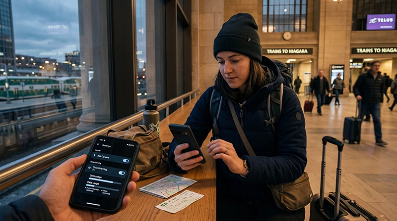 Traveler checking roaming charges and mobile internet settings while traveling in Canada.
