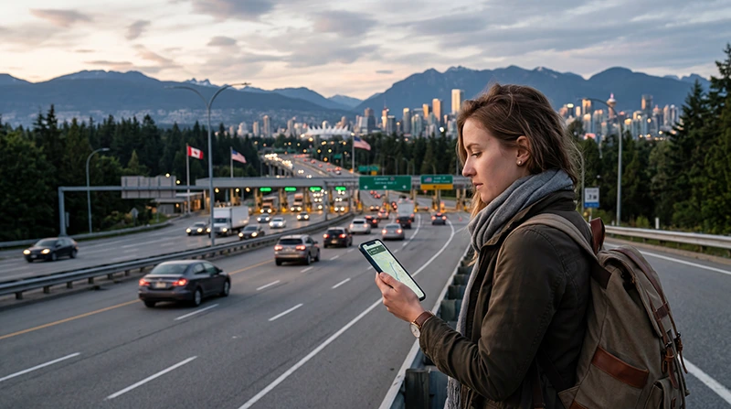 Traveler using eSIM mobile data while traveling between Canada and the USA