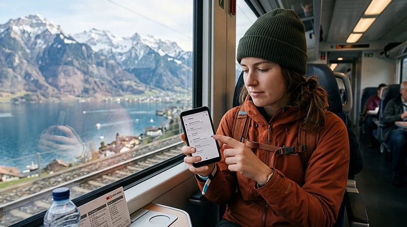 Traveler checking EU roaming and mobile internet connectivity while traveling in Switzerland.