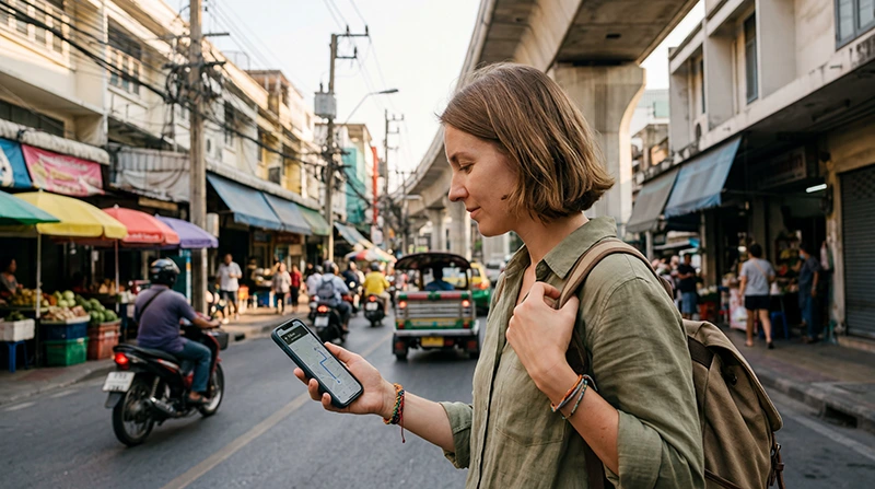 Traveler using Google Maps in Thailand with a Thailand eSIM for navigation, travel planning, and mobile internet.