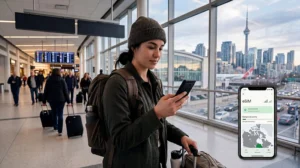 Cinematic realistic traveler checking eSIM mobile internet connection in Canada using smartphone, airport and city travel atmosphere, modern Canada travel vibe, connected mobile data experience, premium eSIM aesthetic, natural lighting, high detail, no text, no logos