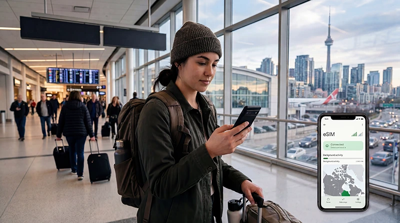 Cinematic realistic traveler checking eSIM mobile internet connection in Canada using smartphone, airport and city travel atmosphere, modern Canada travel vibe, connected mobile data experience, premium eSIM aesthetic, natural lighting, high detail, no text, no logos