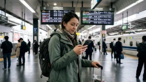 Traveler checking eSIM connectivity and mobile internet while traveling in Japan.
