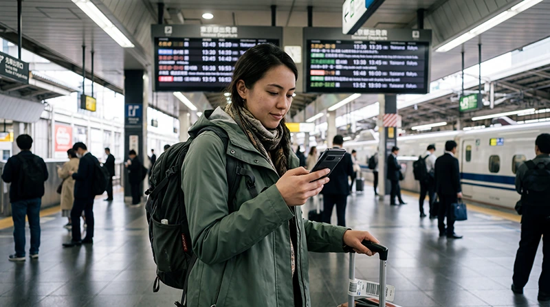 Traveler checking eSIM connectivity and mobile internet while traveling in Japan.