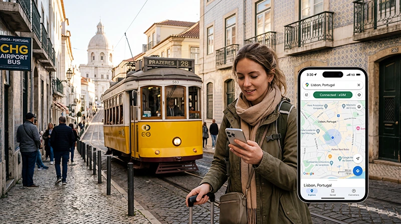 Traveler checking if their eSIM works in Portugal while using mobile internet