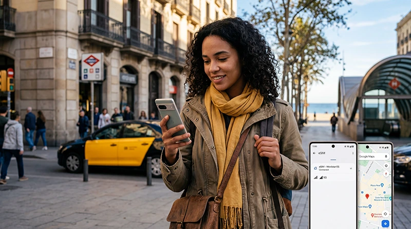 Traveler checking if eSIM works in Spain using mobile internet