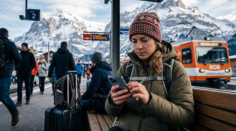 Traveler checking if eSIM works in Switzerland while using mobile internet.