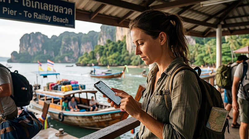 Traveler checking if their eSIM works in Thailand while using mobile internet, maps, and travel apps on a smartphone.