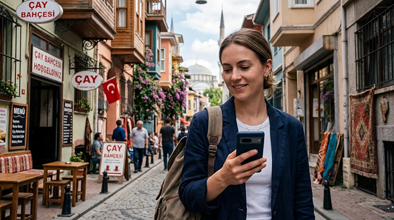 Traveler checking eSIM connectivity while traveling in Turkey.