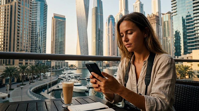Traveler checking if their eSIM works in the UAE using a smartphone in Dubai.