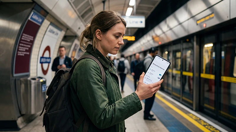 Traveler checking whether their eSIM works in the United Kingdom while using mobile internet and maps.