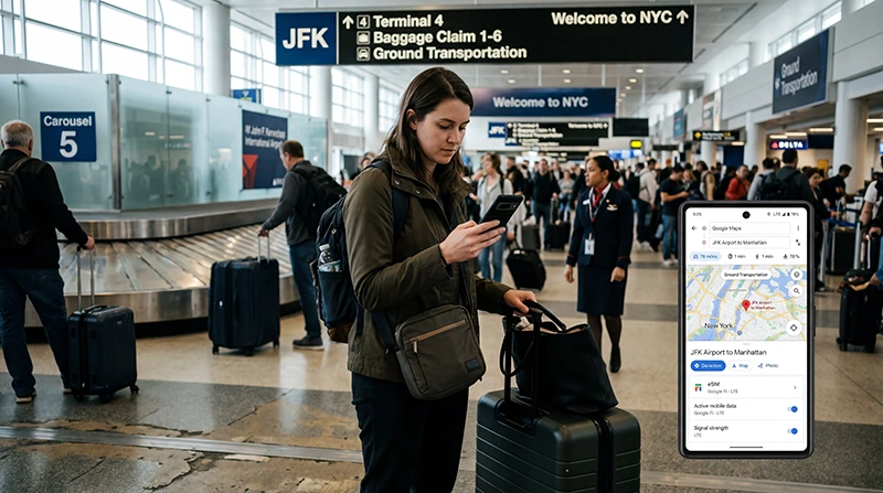 Traveler checking if their eSIM works in the USA for mobile data, navigation, and travel apps.