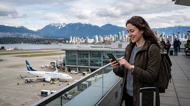 Traveler using WhatsApp with mobile internet and eSIM in Canada