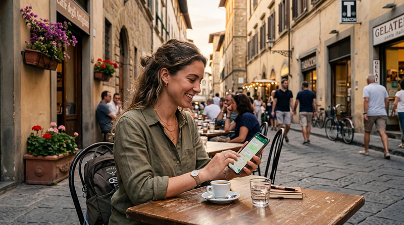 Traveler using WhatsApp with eSIM mobile internet in Italy