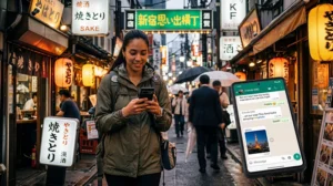 Traveler using WhatsApp and mobile internet while traveling in Japan.