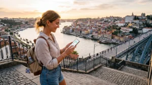 Traveler using WhatsApp with Portugal eSIM and mobile internet in Portugal