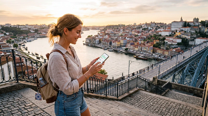 Traveler using WhatsApp with Portugal eSIM and mobile internet in Portugal