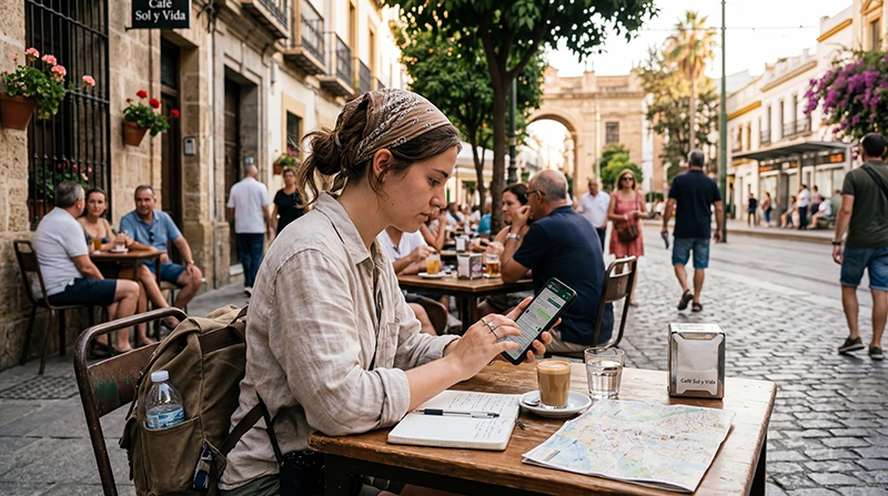 Traveler using WhatsApp with eSIM mobile internet in Spain