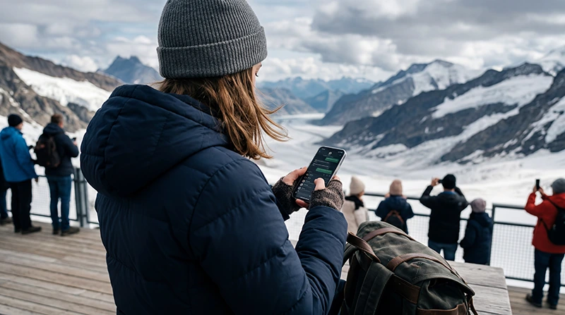 Traveler using WhatsApp with eSIM mobile internet in Switzerland.