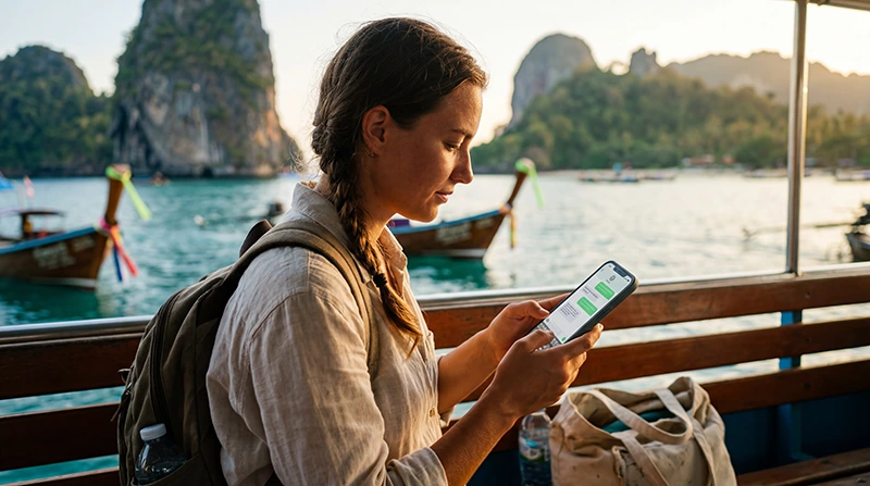 Traveler using WhatsApp in Thailand with a Thailand eSIM for messaging, calls, maps, and mobile internet.