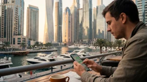 Traveler using WhatsApp in the UAE with smartphone and Dubai skyline in the background.